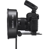 Ring flash on camera mount with adjustable swivel bracket, black housing