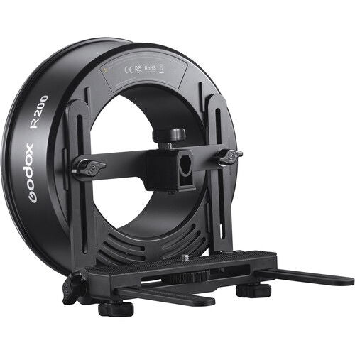 R200 ring flash from front with mounting plate and swivel arms, black metal