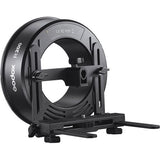 R200 ring flash from front with mounting plate and swivel arms, black metal