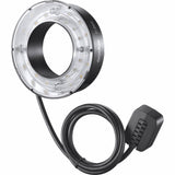 R200 ring flash head with LED ring and power cable, black and silver metal housing