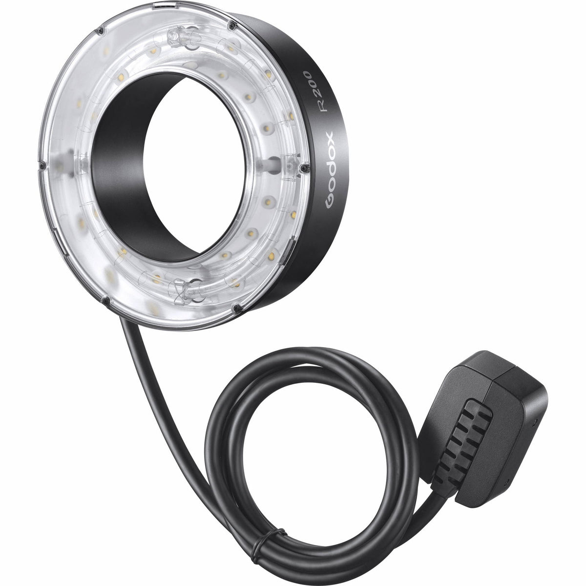 R200 ring flash head with LED ring and power cable, black and silver metal housing