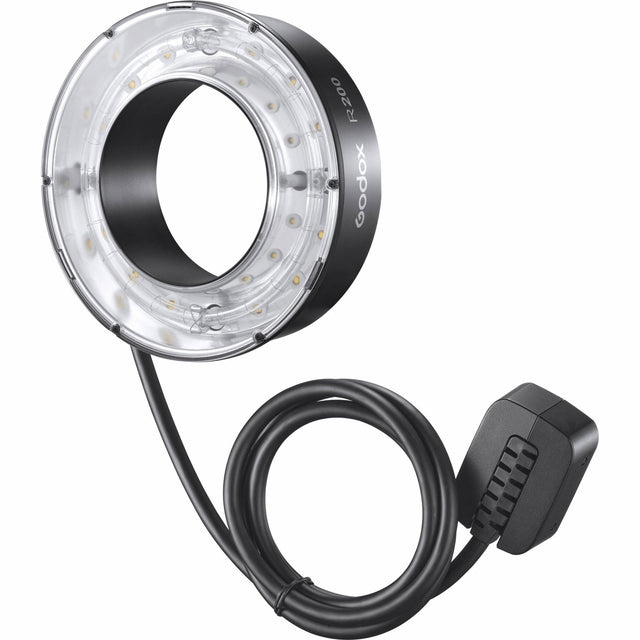 R200 ring flash head with LED ring and power cable, black and silver metal housing