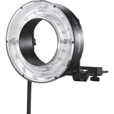 Ring flash with circular LED array and mounting bracket, LED ring facing forward