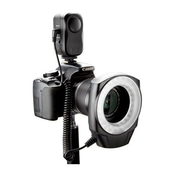 Circular macro LED ring light with mounted camera, adjustable lamp head and cable