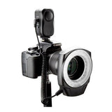 Circular macro LED ring light with mounted camera, adjustable lamp head and cable