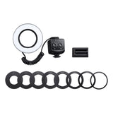Ring LED macro light kit with controller, mount, coiled cord, and size filter rings