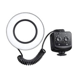 Ring LED macro light with control unit dials and coiled cable, white front ring