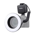 72mm ring LED macro light with diffuser, black power box, and coiled cable
