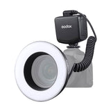 72mm ring LED macro light with diffuser, black power box, and coiled cable