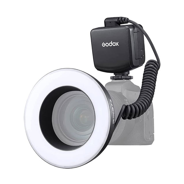 72mm ring LED macro light with diffuser, black power box, and coiled cable