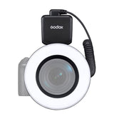 Macro ring LED light with camera mount, control box, and coiled power cable