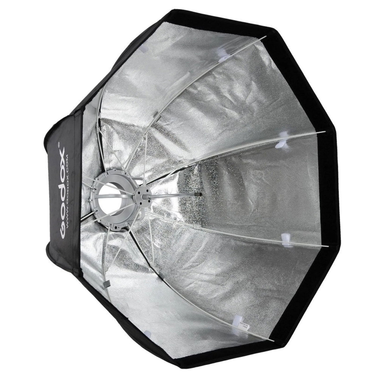 120cm Bowens softbox umbrella tip with black fabric and silver reflective interior, front view