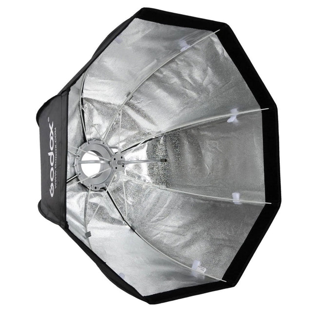 120cm Bowens softbox umbrella tip with black fabric and silver reflective interior, front view