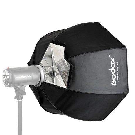 120cm Bowens softbox umbrella tip with silver reflector and black outer, on mounting head
