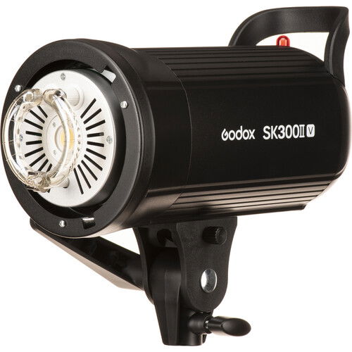 Godox SK300II-V black studio strobe with angled reflector and mounting bracket