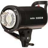Godox SK300II-V black studio strobe with angled reflector and mounting bracket