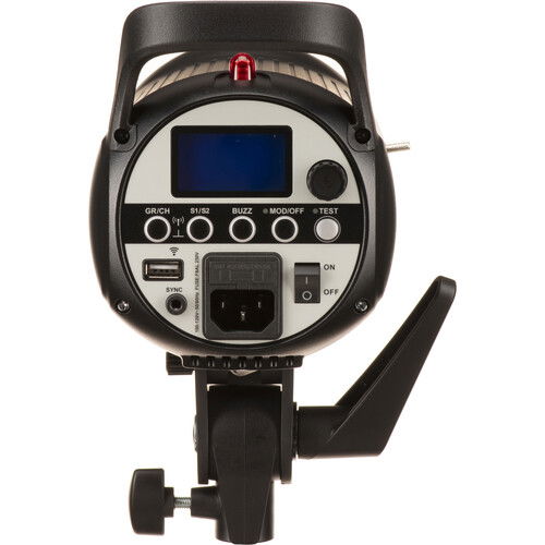 Black studio strobe control panel with LCD screen, buttons, and sync port
