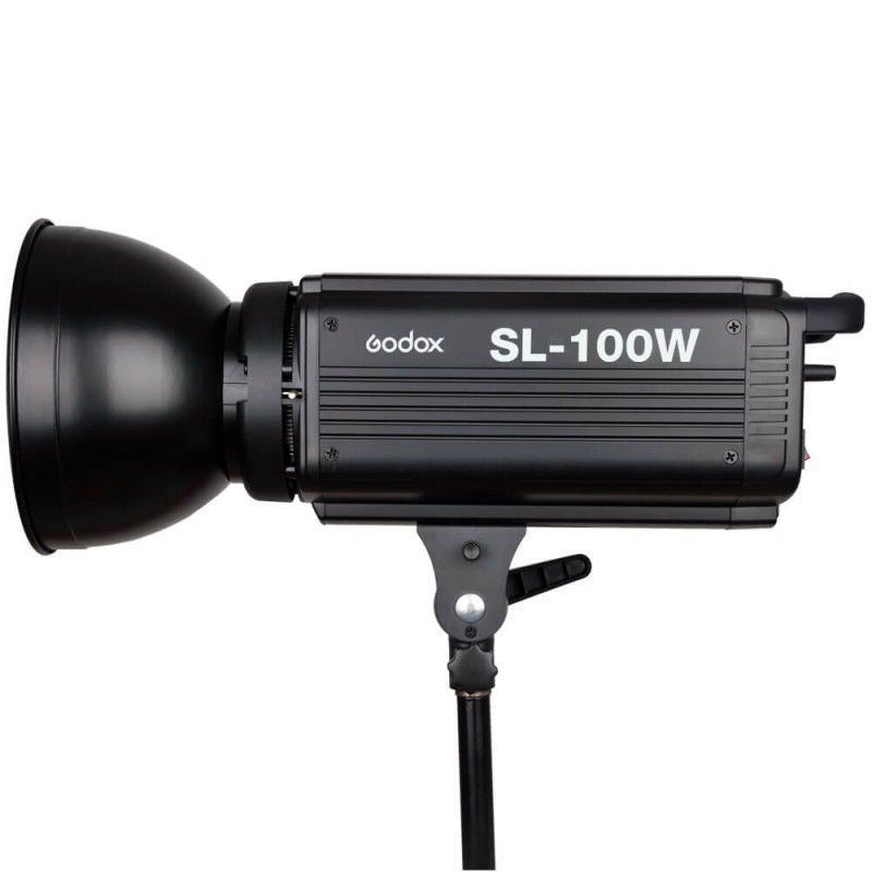SL-100W LED studio light profile with reflector, black housing, and adjustable mounting yoke