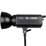 SL-100W LED studio light profile with reflector, black housing, and adjustable mounting yoke