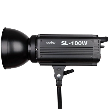SL-100W LED studio light profile with reflector, black housing, and adjustable mounting yoke