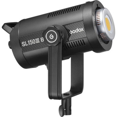 Black SL150III LED video light with circular head and power button, side view