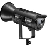 Black SL-150III LED video light with barn doors and control panel, front-left angle