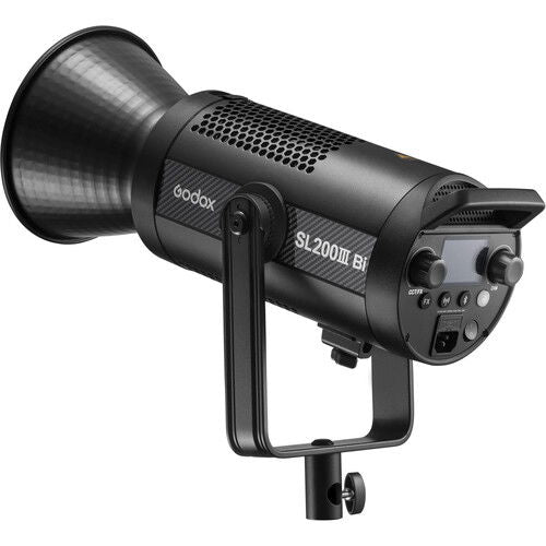 Black LED video light with control panel, front reflector, and U-shaped handle
