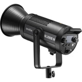 Black LED video light with control panel, front reflector, and U-shaped handle