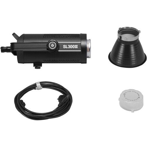 SL300III video LED light kit with cables, reflector, and diffuser dome, black
