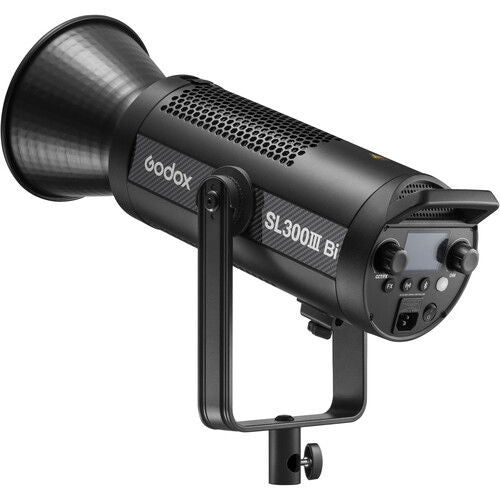 Black LED video light with wide reflector and adjustable yoke stand