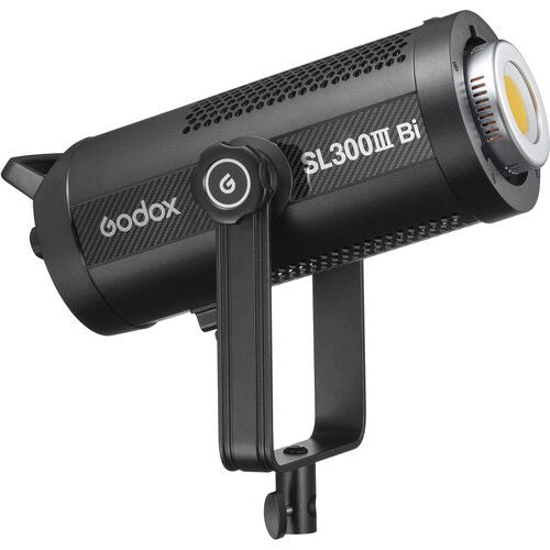 Black LED video light with front reflector and side handle mounting yoke