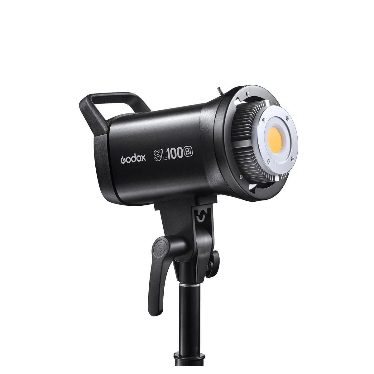 Black Godox SL100Bi LED studio light with Bowens mount and handle, front lamp head visible