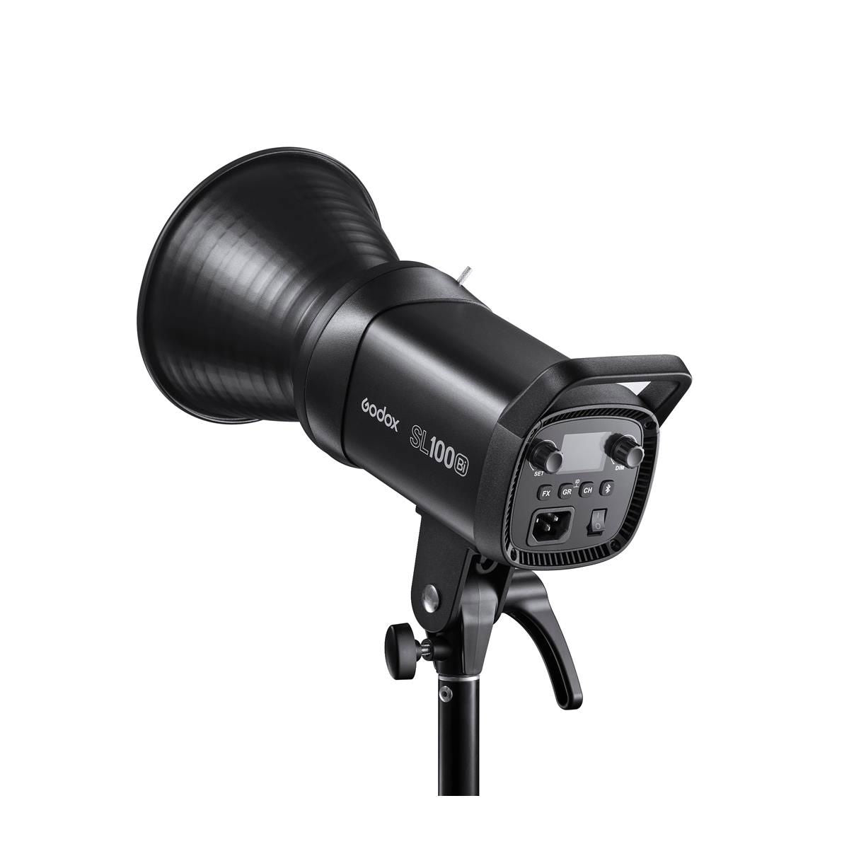 Black SL100Bi LED studio light showing rear control panel and handle, Bowens mount side