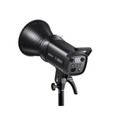 Black SL100Bi LED studio light showing rear control panel and handle, Bowens mount side