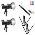 Two black LED studio lights with round reflector heads and attached tripod stands