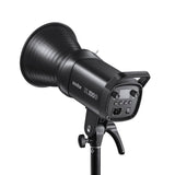 Black SL100D LED studio light with Bowens-mount modifier, side control panel