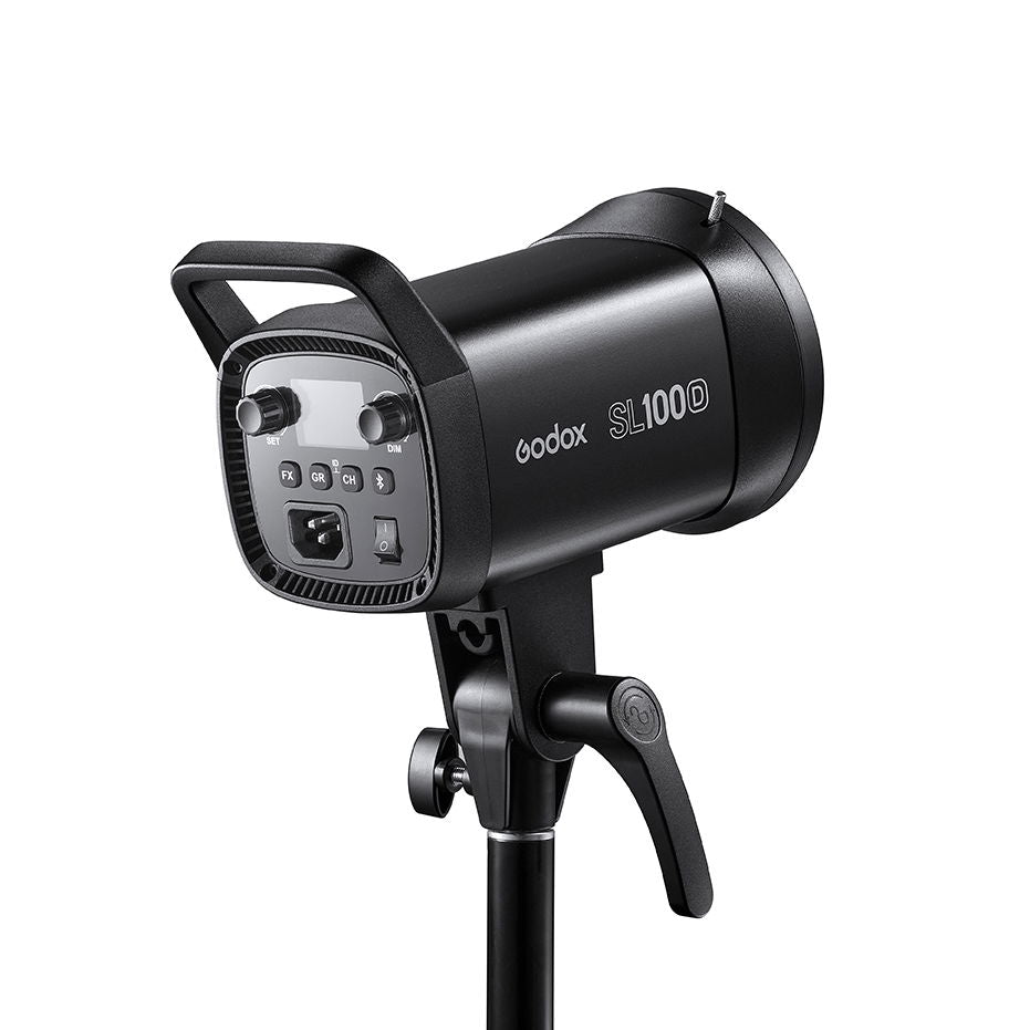 SL100D LED studio light with rear control display and adjustable mounting handle