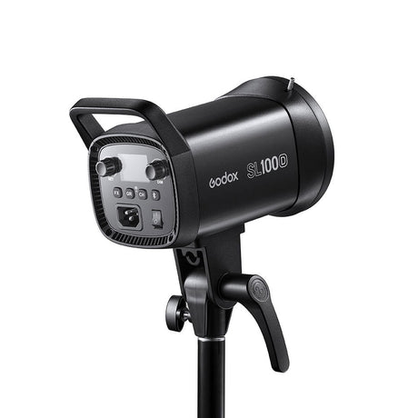 SL100D LED studio light with rear control display and adjustable mounting handle