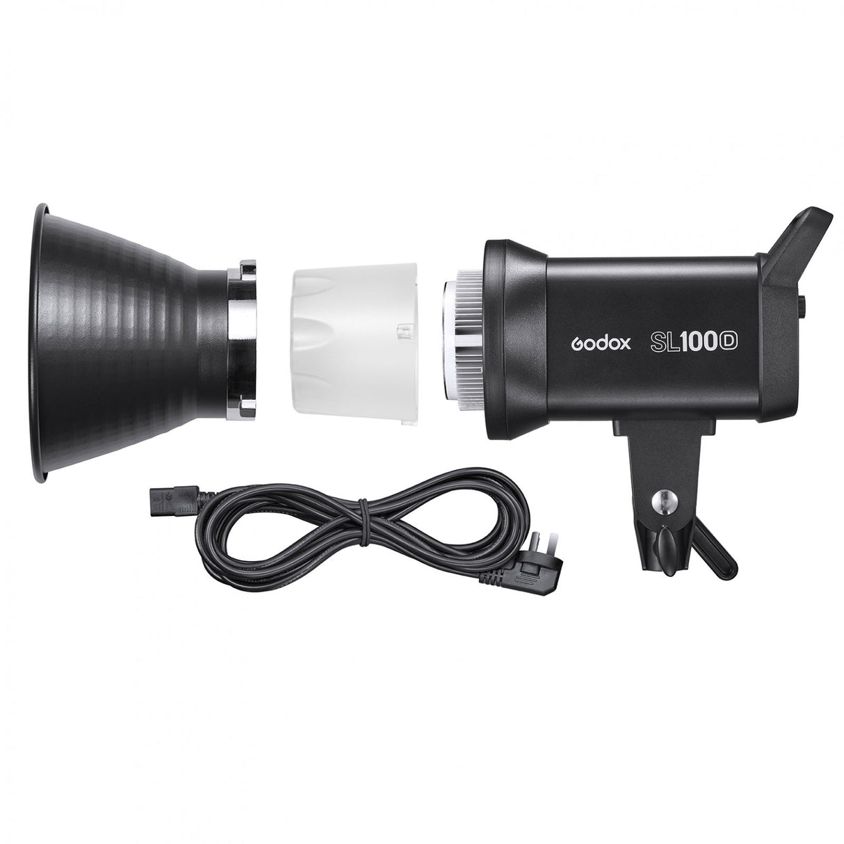 SL100D LED spotlight with white diffuser cover and attached power cable, black housing