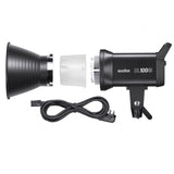 SL100D LED spotlight with white diffuser cover and attached power cable, black housing