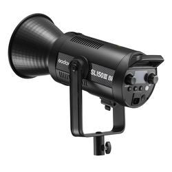 Black SL150III LED video light, compact front view with barn doors and diffuser head