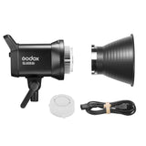 LED studio light kit with reflector head, white cap, and power cable
