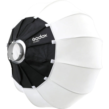 Lantern-style softbox with white diffuser and black outer fabric, front ring mount