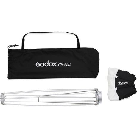 Softbox kit with black carry bag, metal frame rods, and folded lantern diffuser