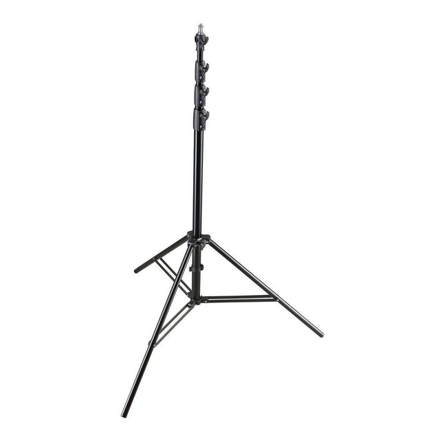 Heavy duty light stand tripod with three black legs and tall center column, 3.88 m