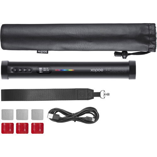 RGB LED tubular light kit with light, controller, power cable, and strap