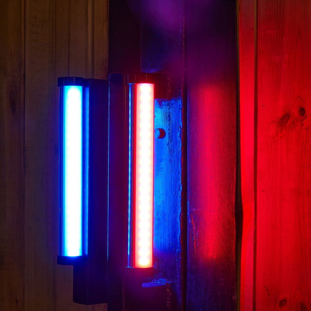 RGB LED tubular lights on wall, multicolor blue and red glow