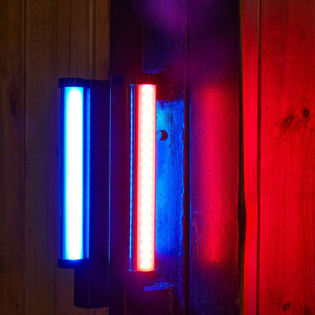 RGB LED tubular lights on wall, multicolor blue and red glow