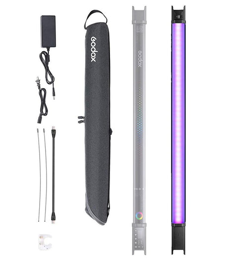 RGB LED tubular light with carry cover, power cable, and diffuser case