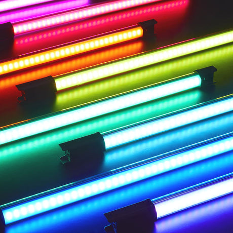 Close-up of RGB LED tube lights showing purple, red, green, blue light bars